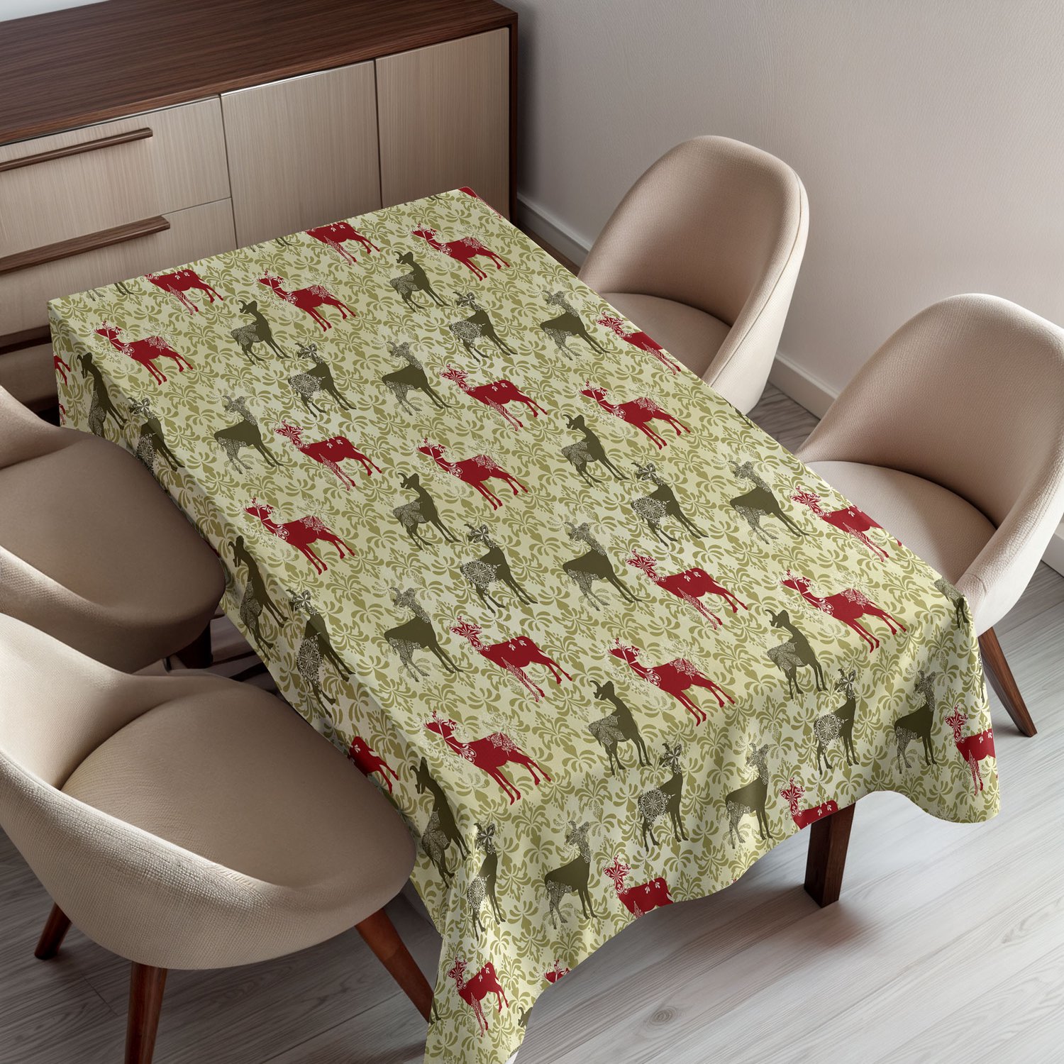 ABAKUHAUS Kerst Tafelkleed, Antiek Rococo Damast Vintage Vallende Sneeuwvlokken en Herten, Rechthoekig Tafelkleed voor Eetkamer Keukendecoratie, 130 x 150 cm, Groen Avocado
