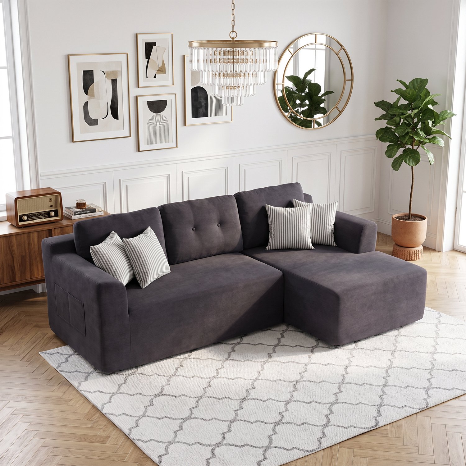 Triumpunpre Hoekbank Cloud Gecomprimeerd - Dubbele Chaise‑Longue - Poef - Chenille Stof - Polyurethaan Vulling - Donkergrijs - Voor Woonkamer