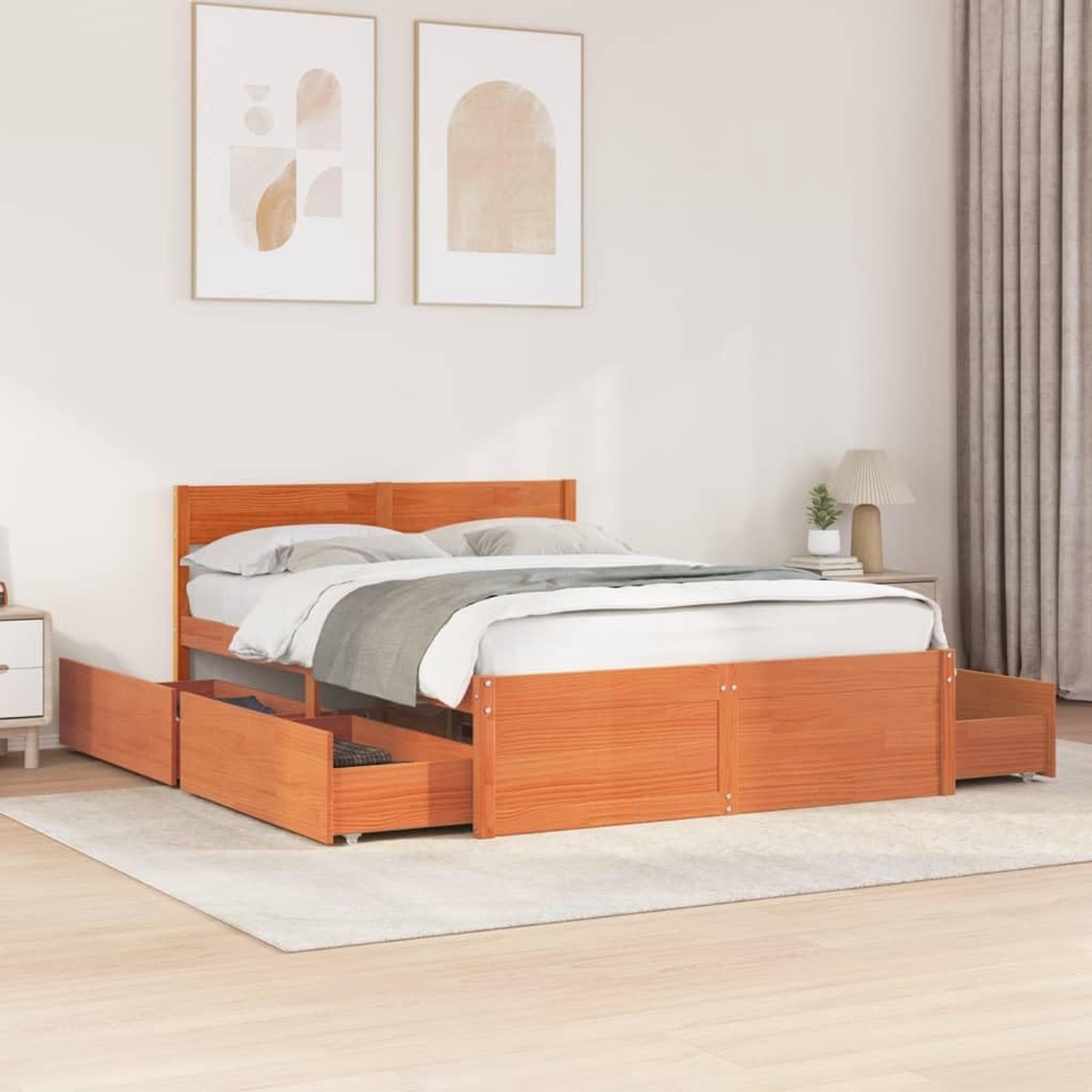 Grenenhout met lades slaapkamerbedframe 140x190 cm wasbruin