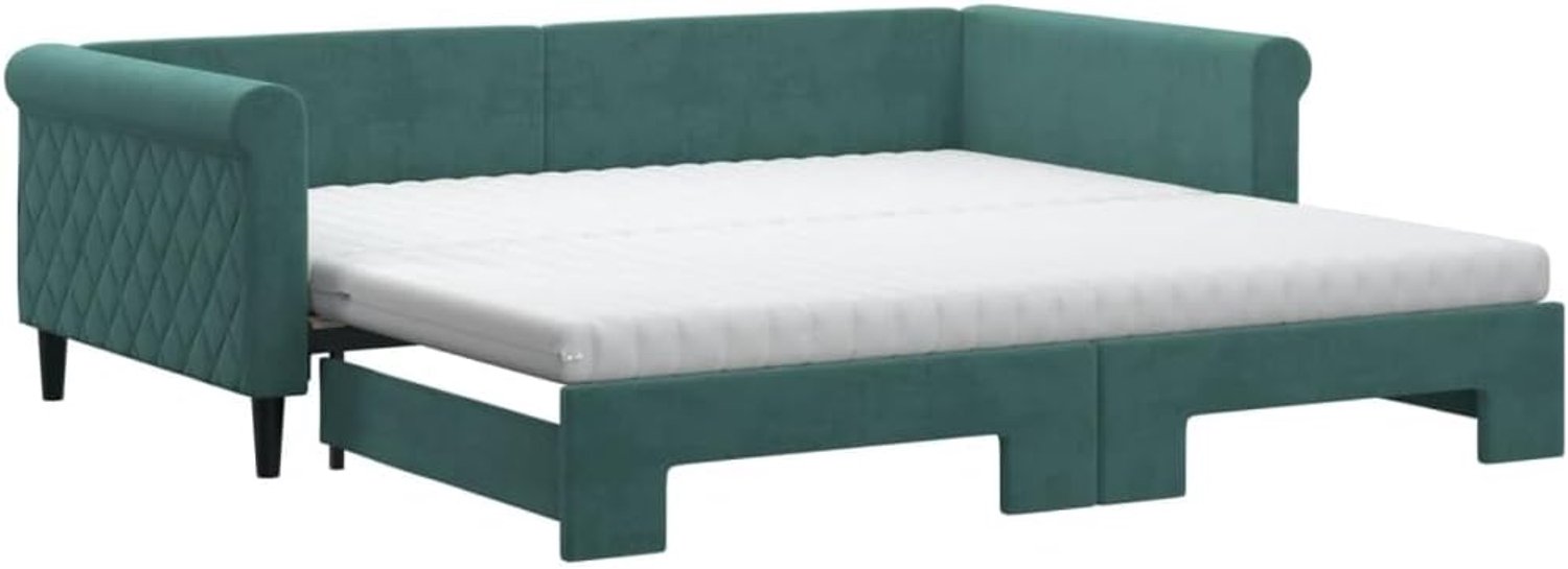 Hotelbed, logeerbed, familiebed, dagbed, uittrekbaar met matrassen, donkergroen, 100 x 200 cm, fluweel, voor slaapkamer, logeerkamer