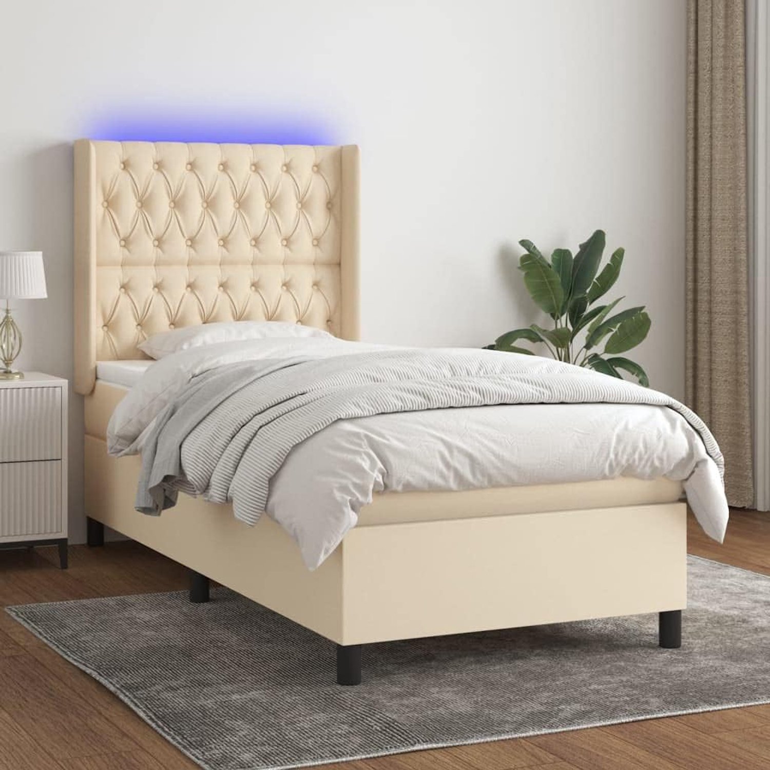 Bed tweepersoonsbed boxspringbed met matras en LED crème 100x200 cm stof geschikt voor familiekamers
