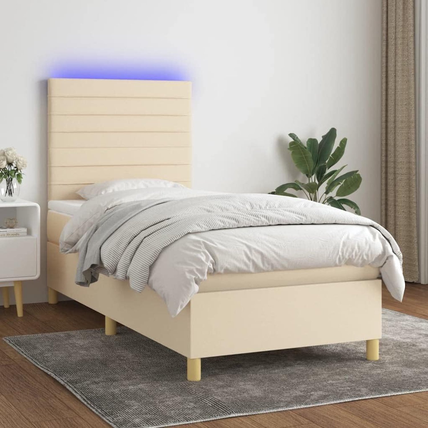 Familiebed, dagbed, hotelbed, boxspringbed met matras en ledverlichting, crème, 80 x 200 cm, stof voor slaapkamer, logeerkamer