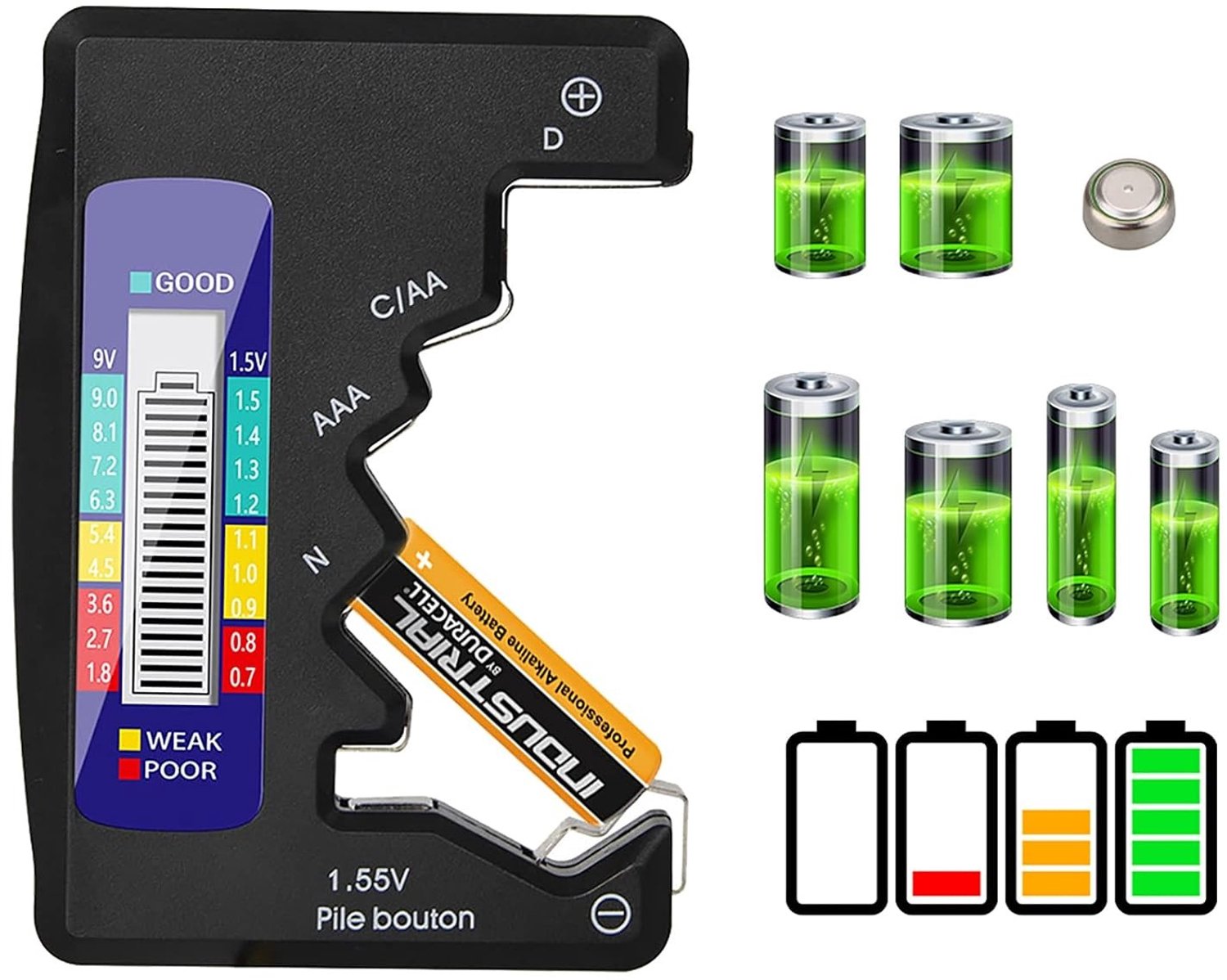 Digitale Accutester - Universeel - Voor AAA/AA/C/D en Knoopcellen - LCD Scherm - Voor Thuis en Op Reis