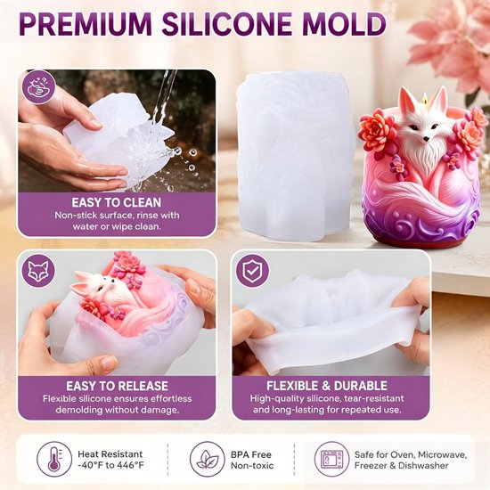 Bloempot siliconen vorm, 8,5 x 6,4 cm DIY katten plantenbakvorm voor gips beton, kattenpotvorm voor vetplanten, mini-planten, creatieve kat bloempot potjes kaarsenhouder (vos) — afbeelding 3