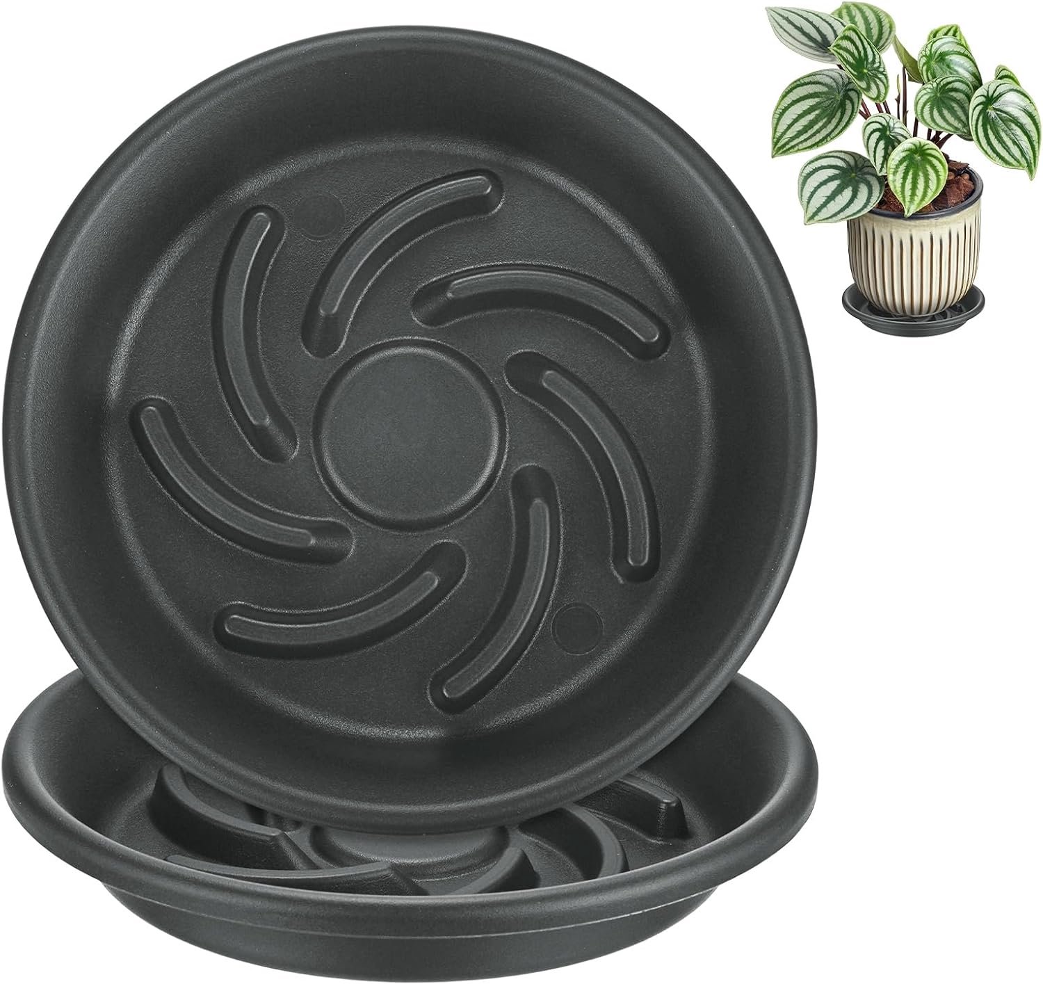 Schotels, 5,5 inch ID anti-rot wortel hars bloempot plantenschotels voor binnen/buiten, bloempot druppelbak [7,1 inch OD, grijs zwart]