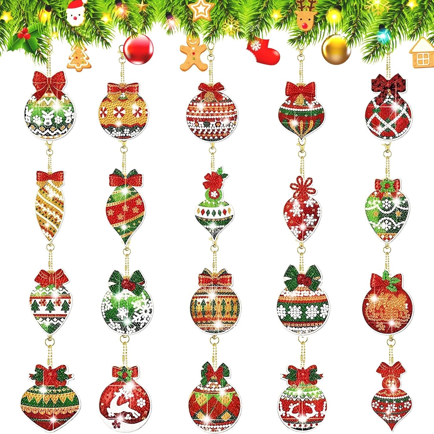 Diamond Painting kerstset, 20 stuks, 5D diamond painting, kersthangers voor kinderen, doe-het-zelf diamantschilderij, sleutelhanger, aan beide zijden, voor kerstboom, decoratie, adventskalender