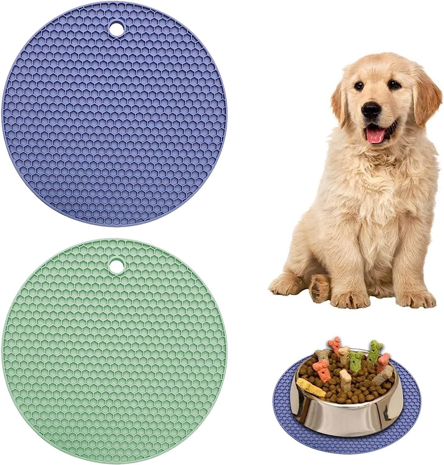 Lekmat voor honden, likmat voor honden, siliconen mat rond, voerbakmat hond, kattenbakmat, likmat, geschikt voor middelgrote en kleine huisdieren, 2 stuks