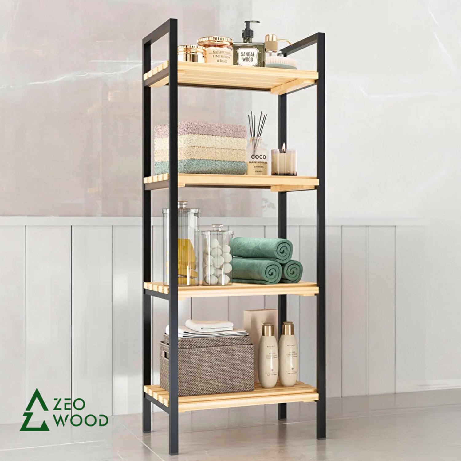 Zeo Wood - Badkamerrek Staand – Opbergrek 4 Etages – Metalen Keukenrek met Houten Planken – Smal Stellingrek – 98 x 39 x 22 cm – Zwart/Hout