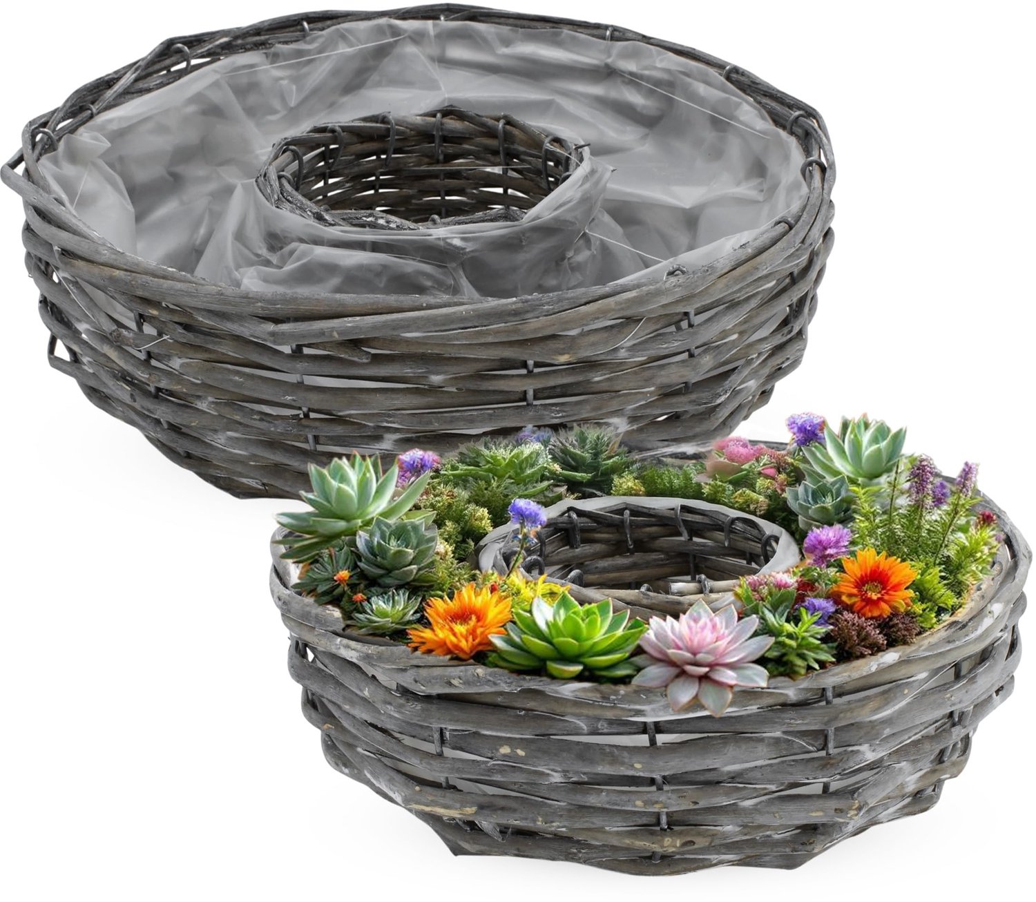 Set van 2 Rieten Plantenringen met Folie 30/25 cm