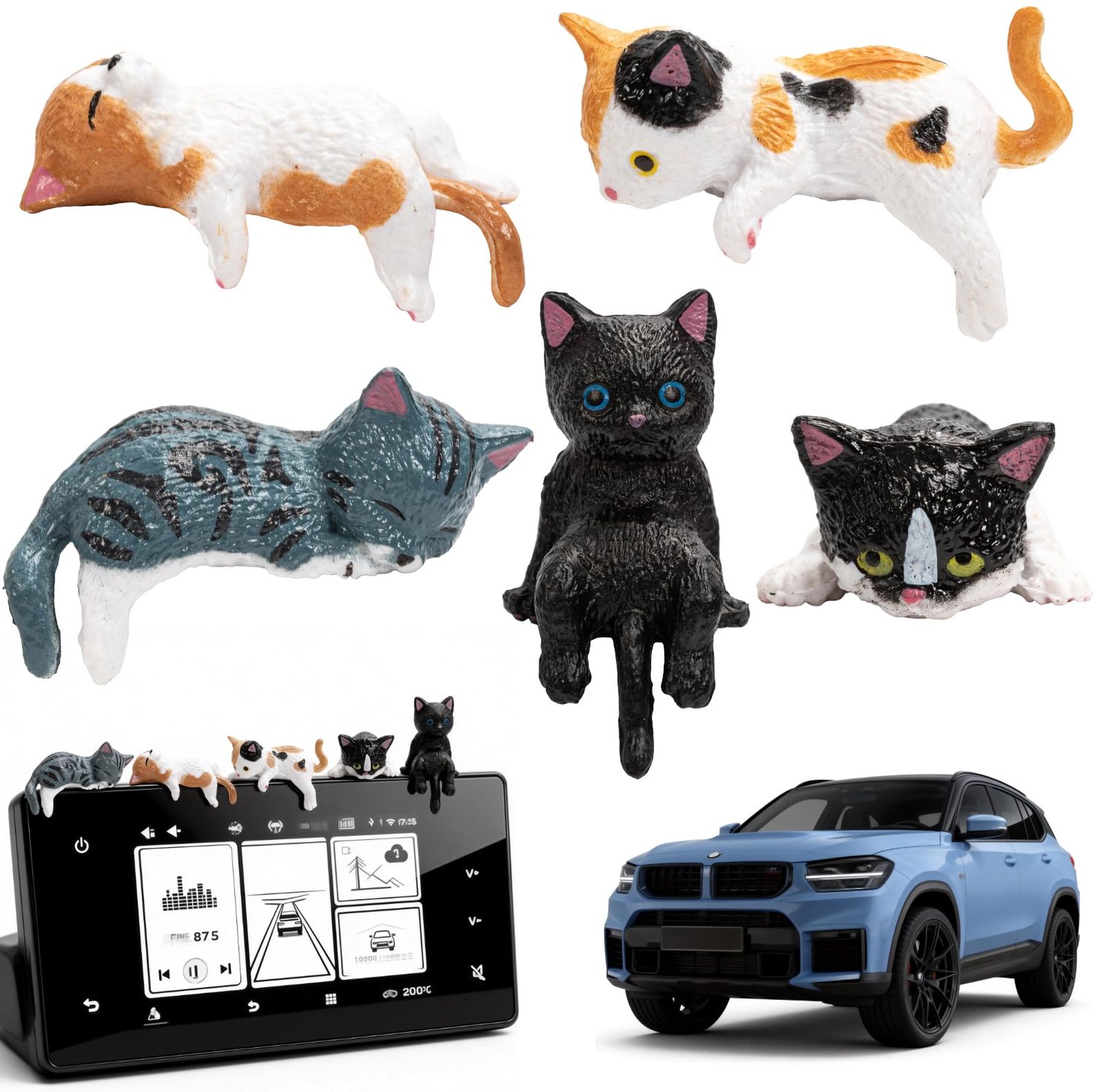 Set van 5 Mini Kat Figuren - Houten Decoratie voor Bureau en Auto - Zwart