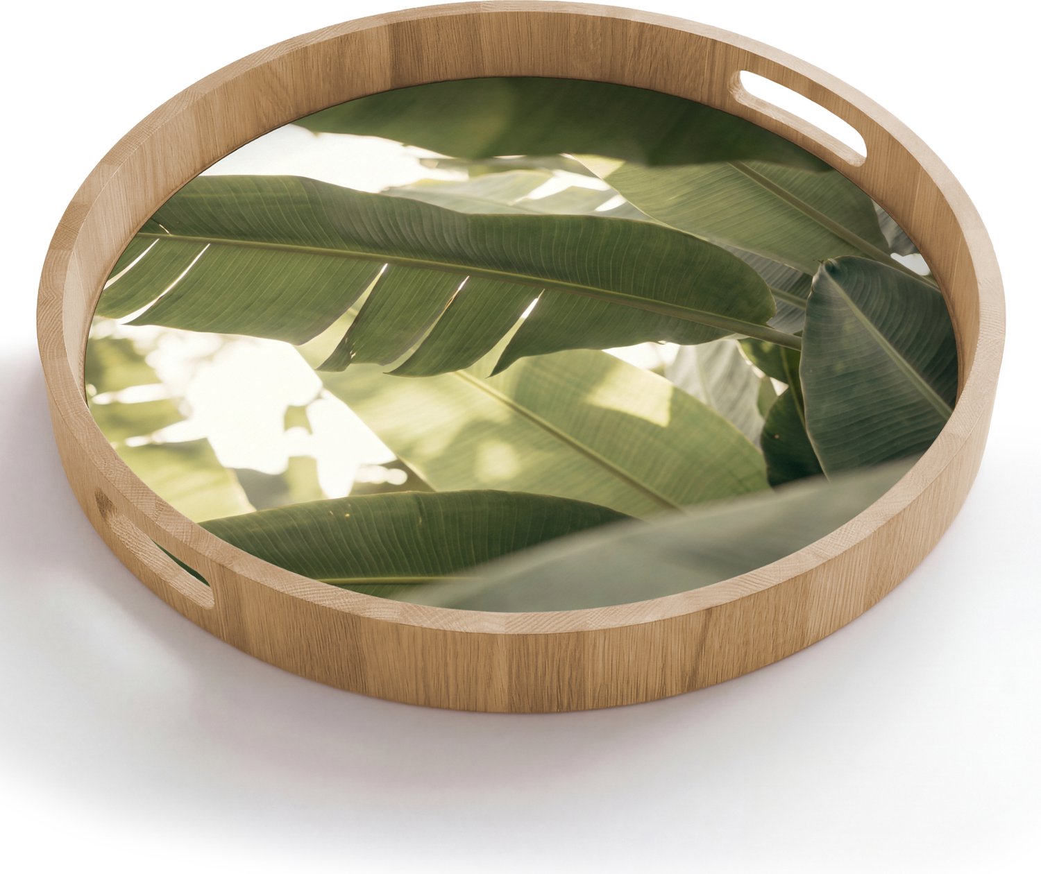 Dienblad rond 50x50 cm - Schootdienblad hout - Natuur - Bladeren - Groen - Tropisch - Detail - Borrelplank rechthoek - Plateau houten dienbladen