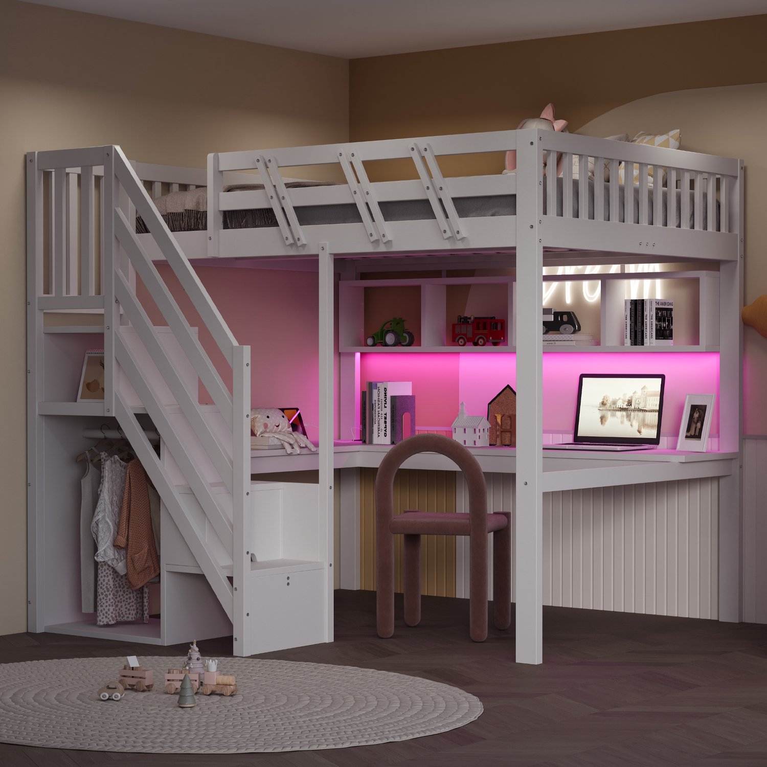 WUVRIE Hoogslaper 140x200 cm - Met bureau, opbergtrap en LED-verlichting - Wit