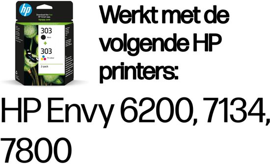 HP 303 inktcartridge 2-pack verpakking met tekst: werkt met HP Envy 6200, 7134, 7800 printers.