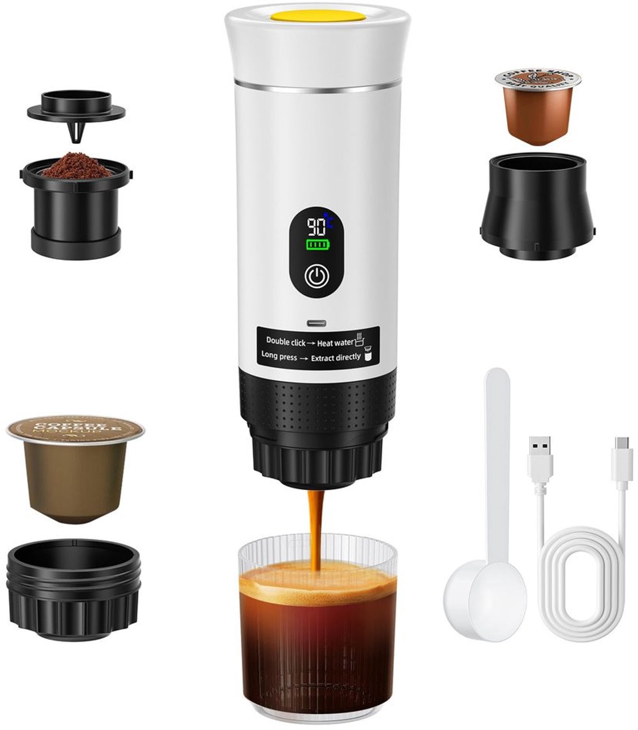 Draagbare Espressomachine 3-in-1 met Batterij voor Capsules en Gemalen Koffie Wit