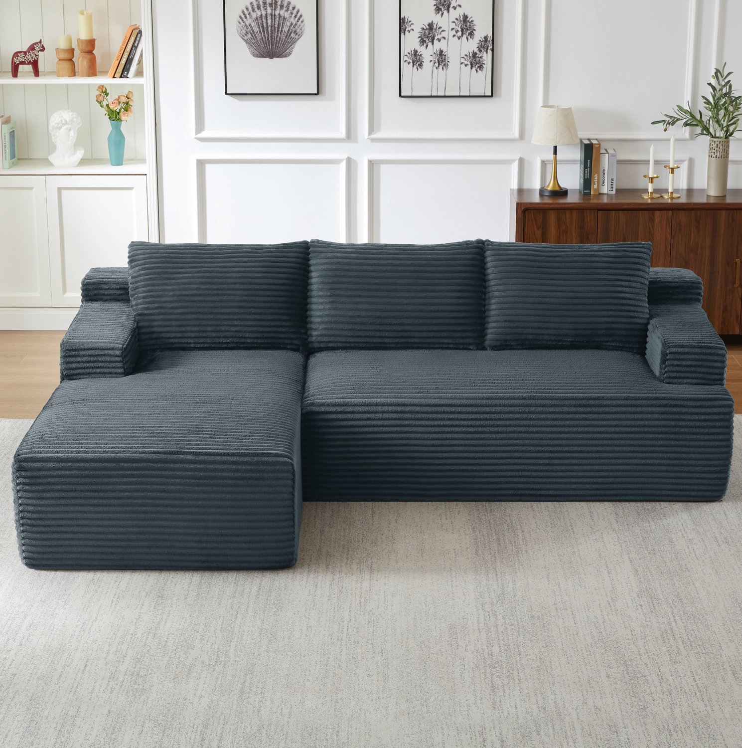 MIVRAY Hoekbank 238 x 66 cm - Modulaire L Vorm met Zachte Zit en Liggedeelte - Voor Woonkamer en Logeerkamer - Ribfluweel - Donkergrijs