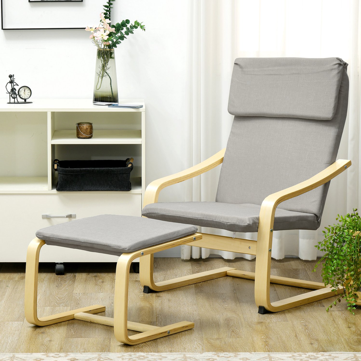 MIVRAY Fauteuil 66,5 x 80 x 99 cm - Met Hocker, Armleuningen en Hoofdsteun - Voor Woonkamer en Slaapkamer - Linnenlook en Hout - Lichtgrijs