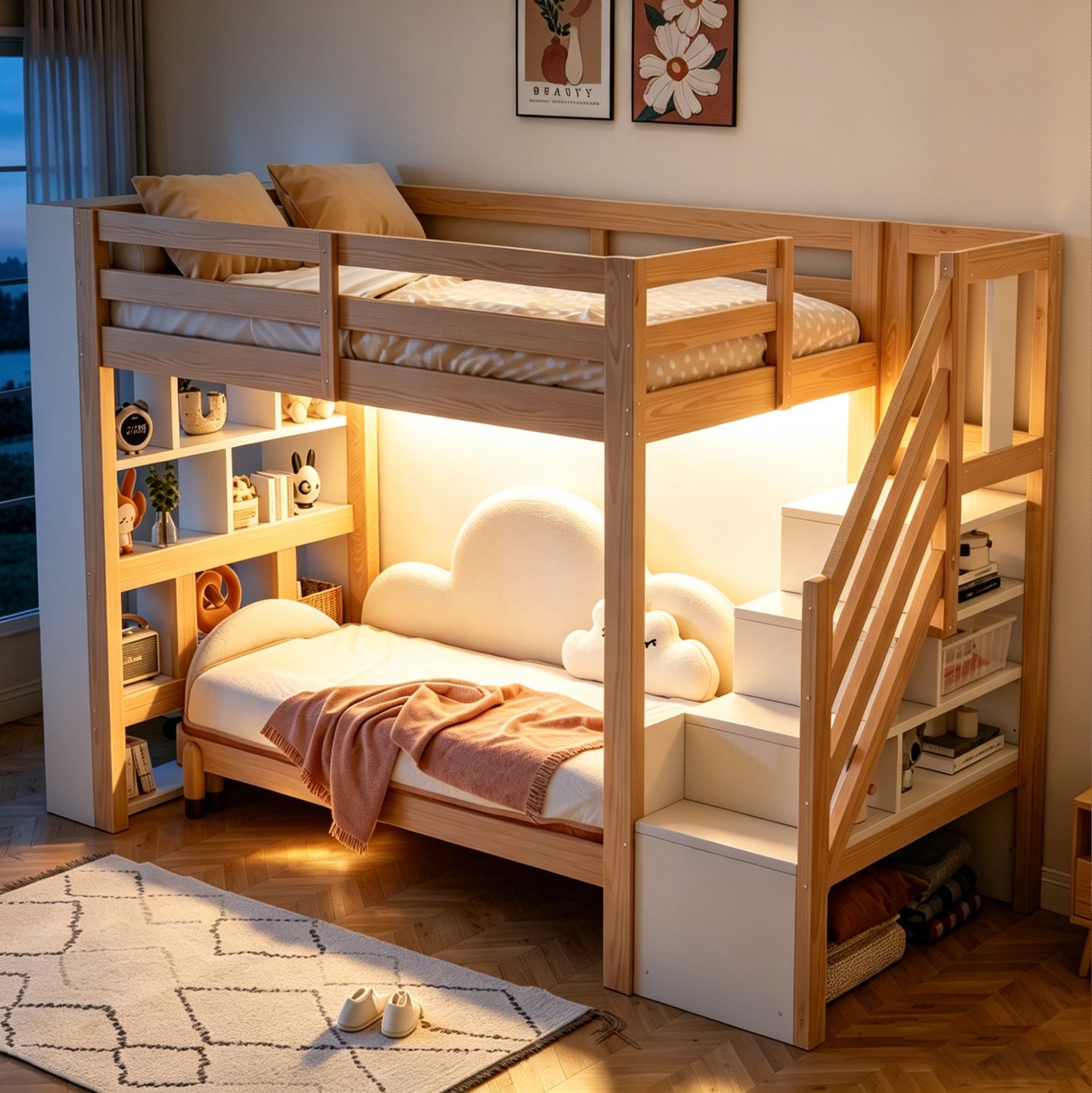 STILVORA Hoogslaper 90 x 200 cm – Ledverlichting en Lattenbodem – Opbergtrap en Vakken – Kinderkamer – Hout en MDF – Wit en Houtkleur – Zonder Matras Naturel houtkleur en wit