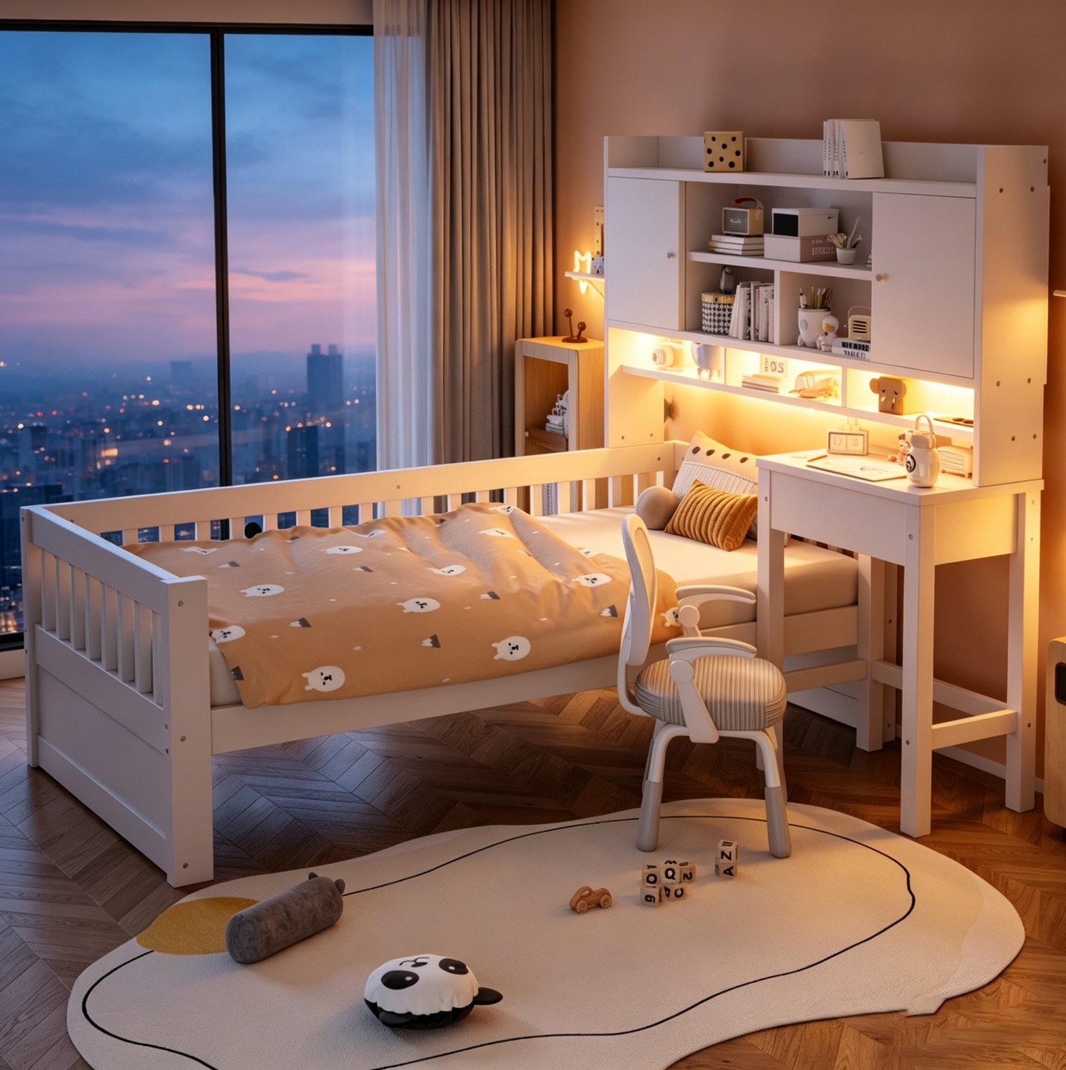 STILVORA Kinderbed 90x200 cm – Bureau en Opbergruimte – Verlichting en Stopcontact – Bedhekken aan Drie Zijden – Hout en MDF – Zonder Matras – Wit