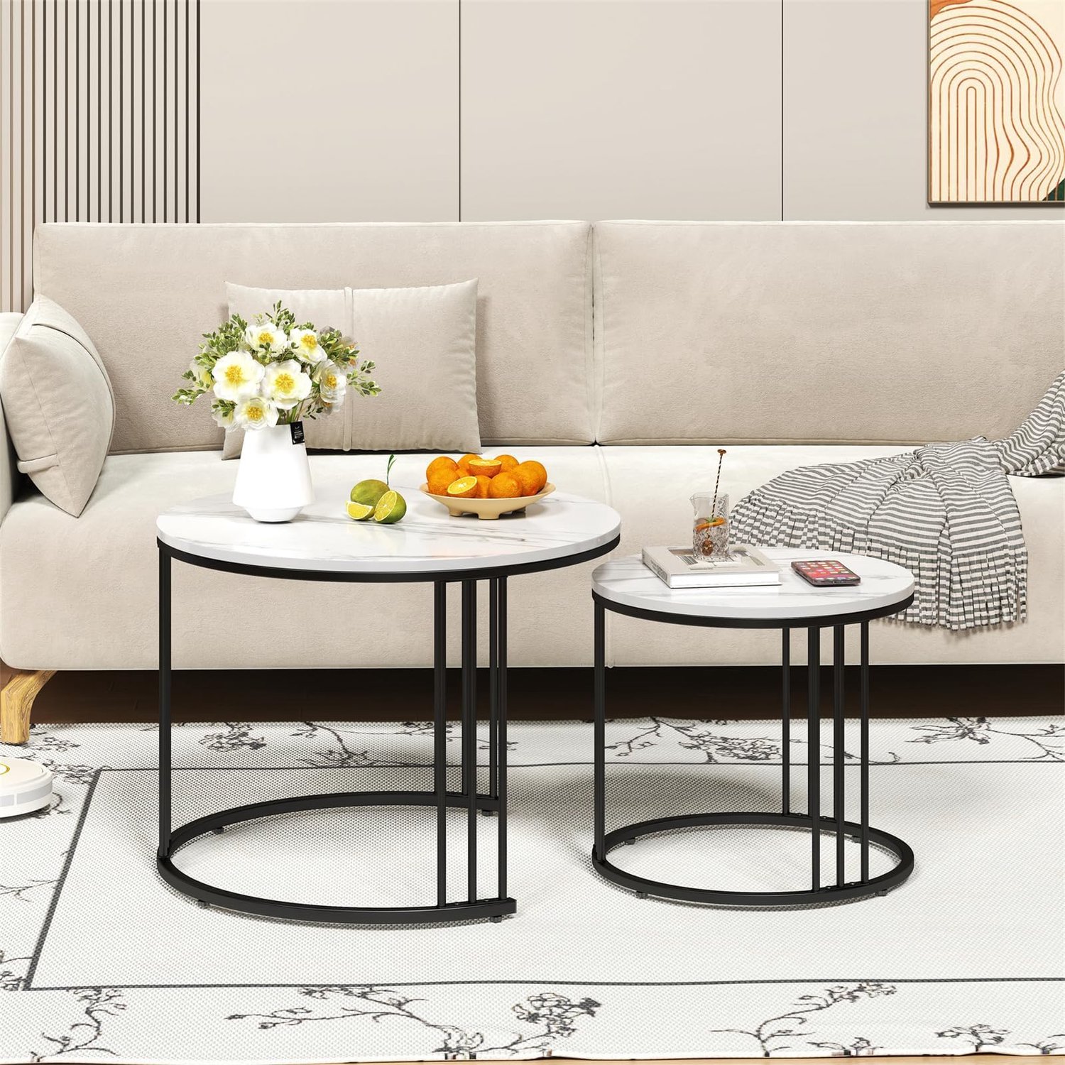 Triumpunpre Ronde Salontafel 60 x 60 x 40 cm – Met Marmerlook Blad & Zwart Metalen Frame – Wit/Zwart – Combineerbaar als Koffietafel, Bijzettafel of Klein Bureau – Voor Woonkamer & Kantoor Wit met zwart