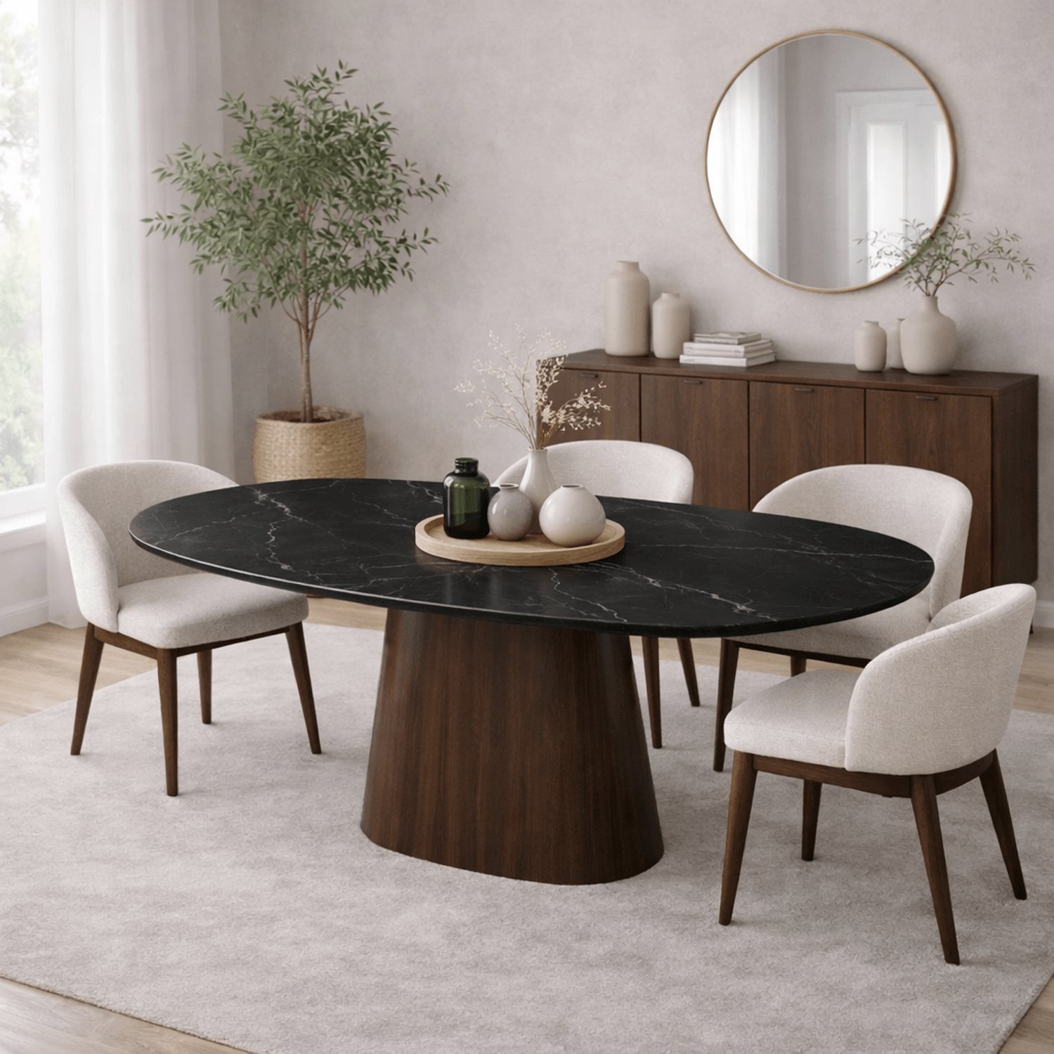 Dimehouse Deens ovale eettafel Lea sintered stone zwart marmerlook walnoot 180x90 cm - Marmer - Japandi - Deens ovaal