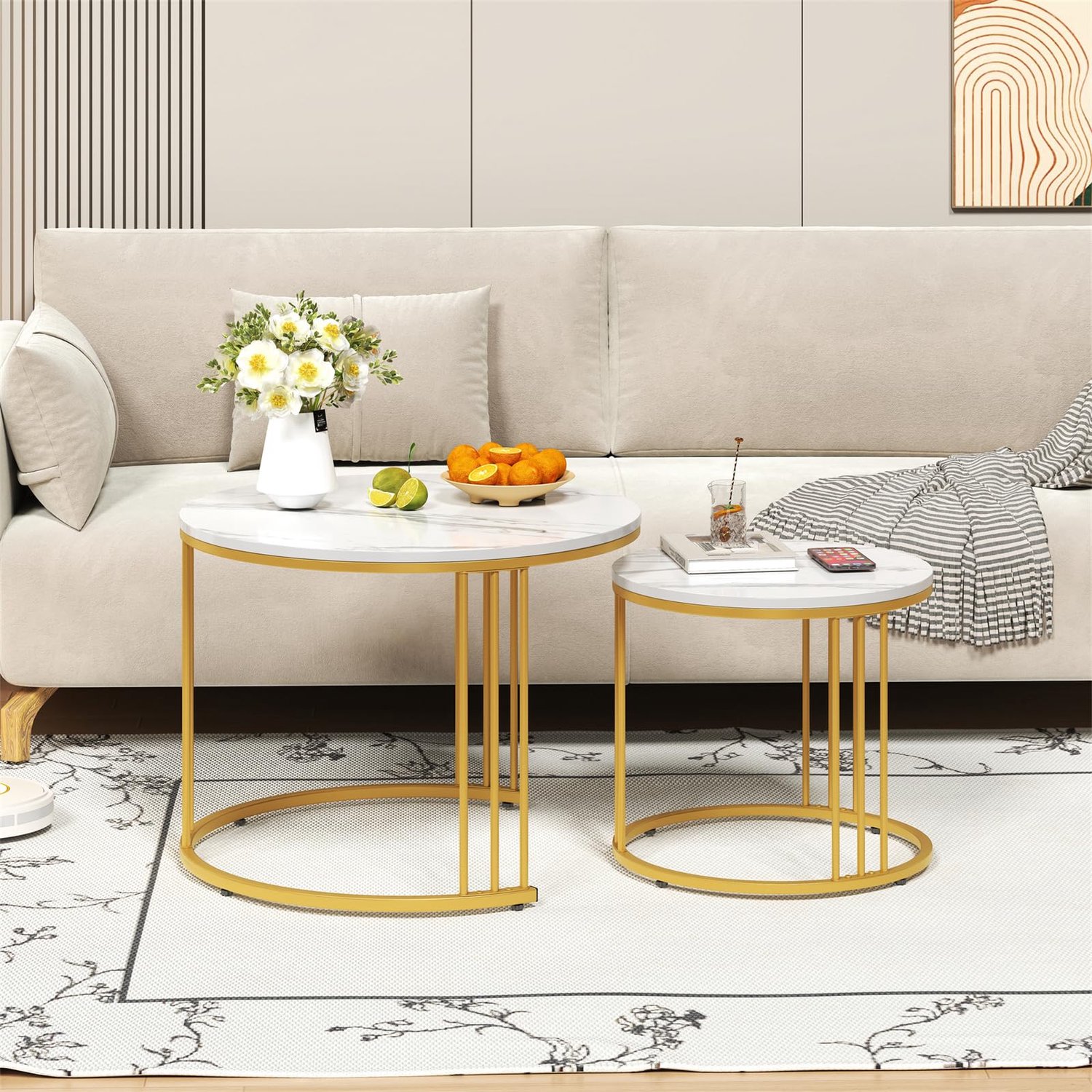 Triumpunpre Ronde Salontafel Set van 2 – 60 x 60 x 40 cm – Met Marmerlook Blad & Goud Metalen Frame – Stapelbaar & Combineerbaar – Voor Woonkamer, Kantoor & Leeshook – Wit/Goud Wit met goud