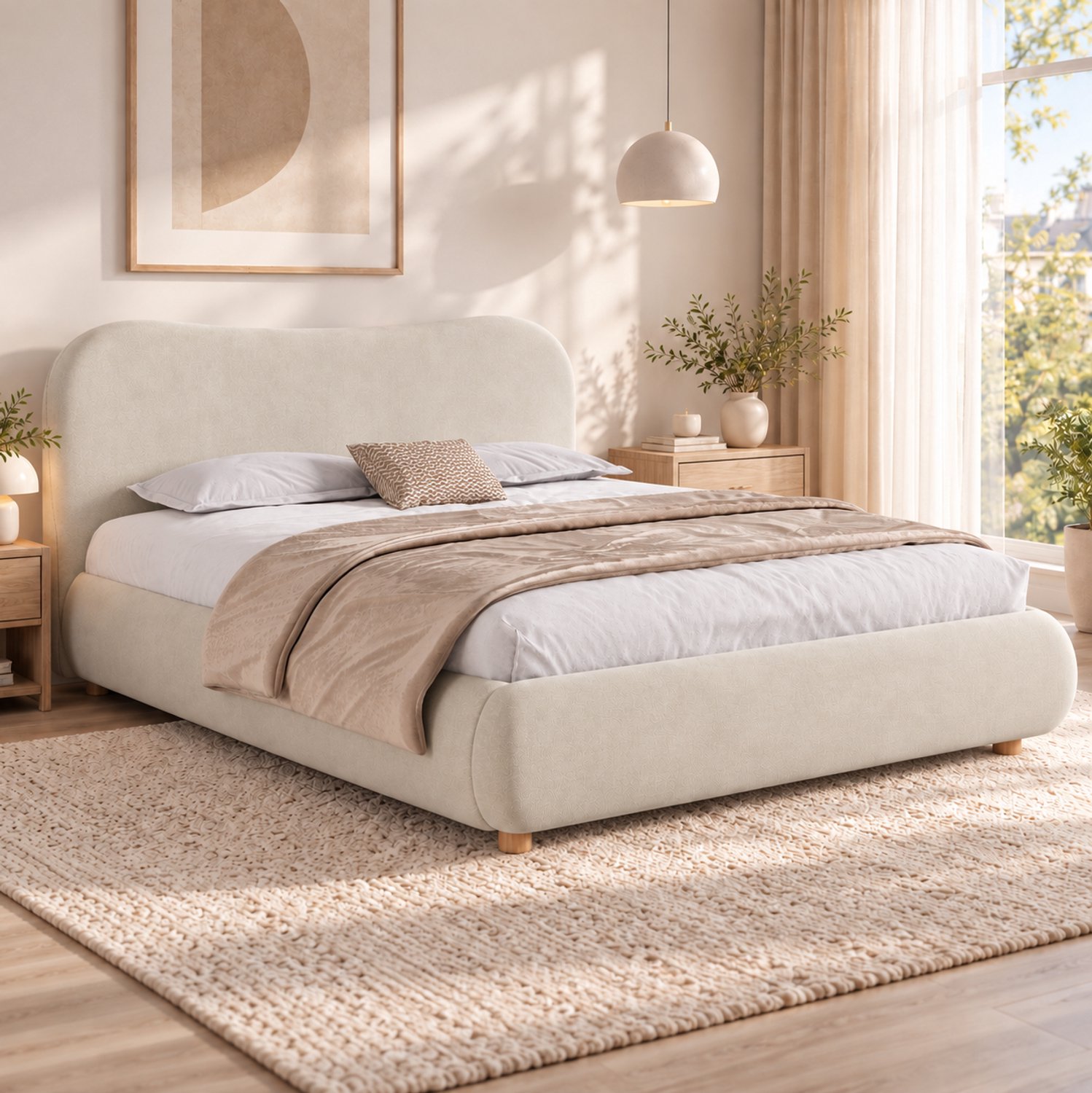 OKWISH Gestoffeerd Tweepersoonsbed 180 x 200 cm - Hydraulische Opbergruimte - Met Lattenbodem - Fluweel en Hout - Crème - Zonder Matras