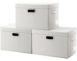 Set van 3 Opbergdozen met Deksel van Linnen, Beige