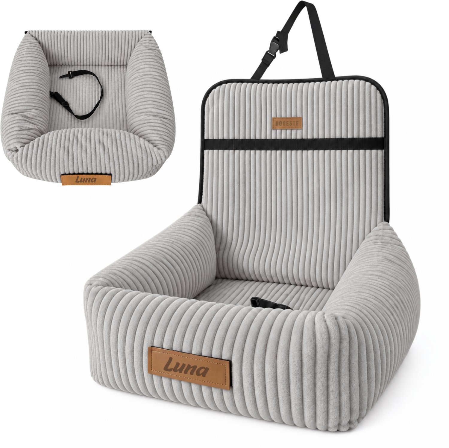 Dogeste Softi Hondenautostoel en Hondenmand 2-in-1 – Grijs – Autostoel voor Honden, Draagbare Hondenmand voor in de Auto, Comfortabel Hondenbed, Personaliseerbaar