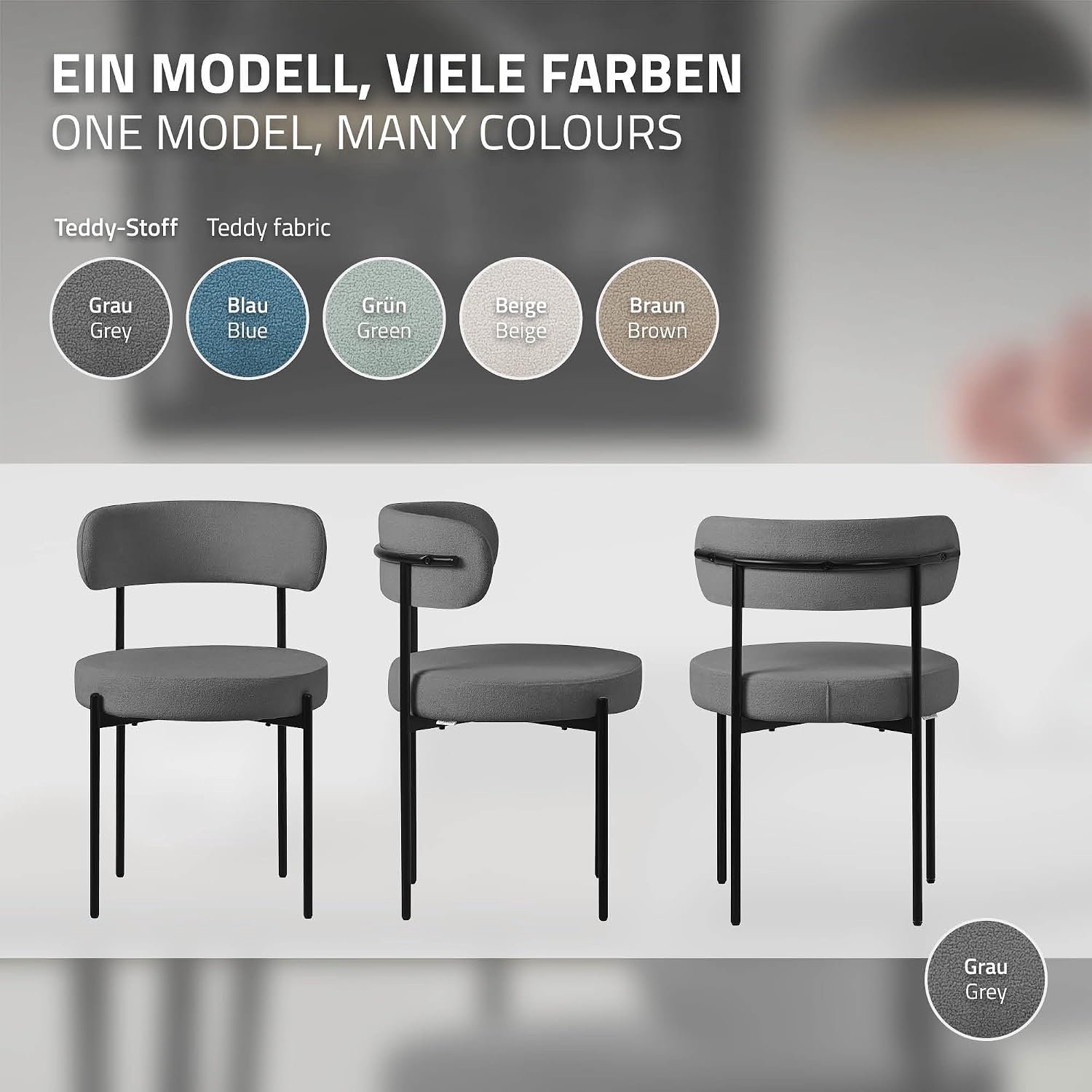 Eetkamerstoelenset 6 Stuks Teddy Stof Grijs – Gestoffeerde Keukenstoelen met Ergonomische Rugleuning, Zwarte Metalen Poten, Verstelbare Stelvoeten, Zitcomfort en Modern Retro Design, 53 x 50 x 78 cm