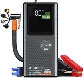 AutoXtreme 12V starthulp en compressor met digitaal scherm, luchtslang en accuklemmen.