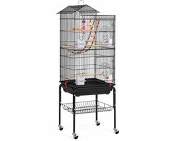 Papa Simba Bird Cage with Stand – 46 × 35.5 × 158.5 cm – Includes Perches, Swing, and Toys – Mobile – Black – HMTM-BC-10004-Black