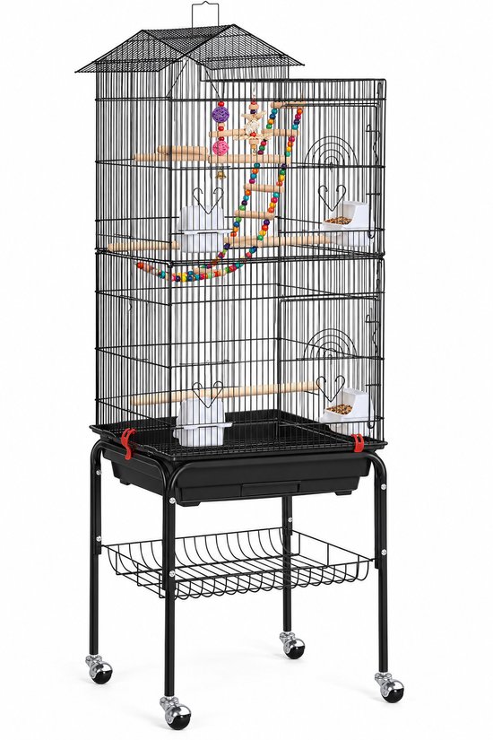 Papa Simba Bird Cage with Stand – 46 × 35.5 × 158.5 cm – Includes Perches, Swing, and Toys – Mobile – Black – HMTM-BC-10004-Black