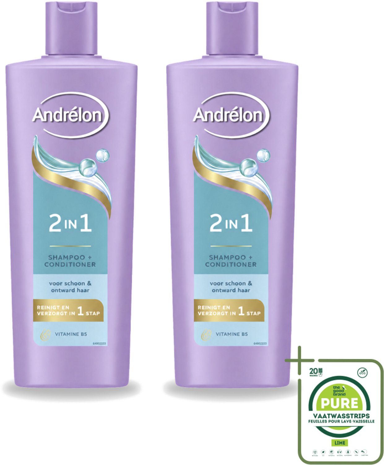 2 x Andrélon – Shampoo 2-in-1 – Iedere Dag – 400 ml - Grootverpakking - Vaatwasstrips - Haar Verzorgen - Haar Reinigen - Shampoo En Conditioner - Vitamine B5 - 2-in-1 Shampoo