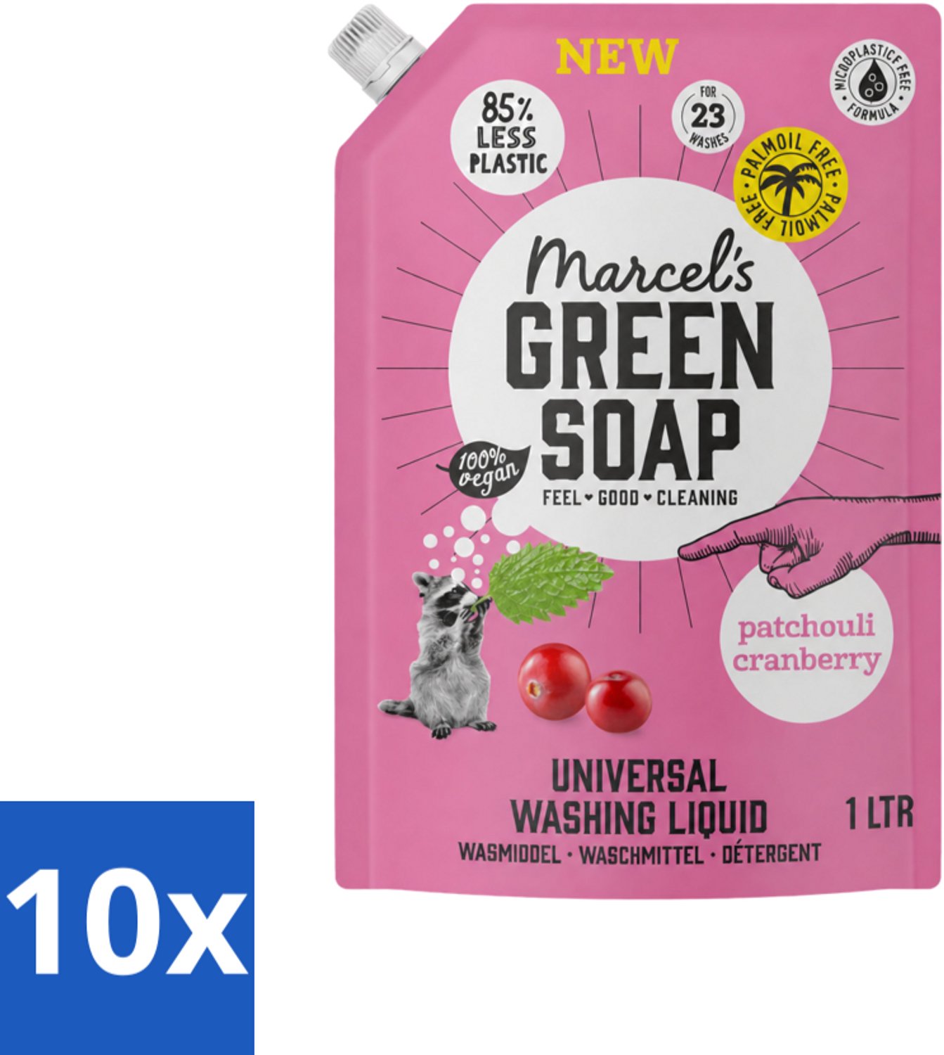 10 x Marcel's Green Soap - Vloeibaar Wasmiddel - Universeel - Navulling - Patchouli & Cranberry - Effectief & natuurlijk - 23 Wasbeurten - 1 liter - Voordeelverpakking - 10 stuks