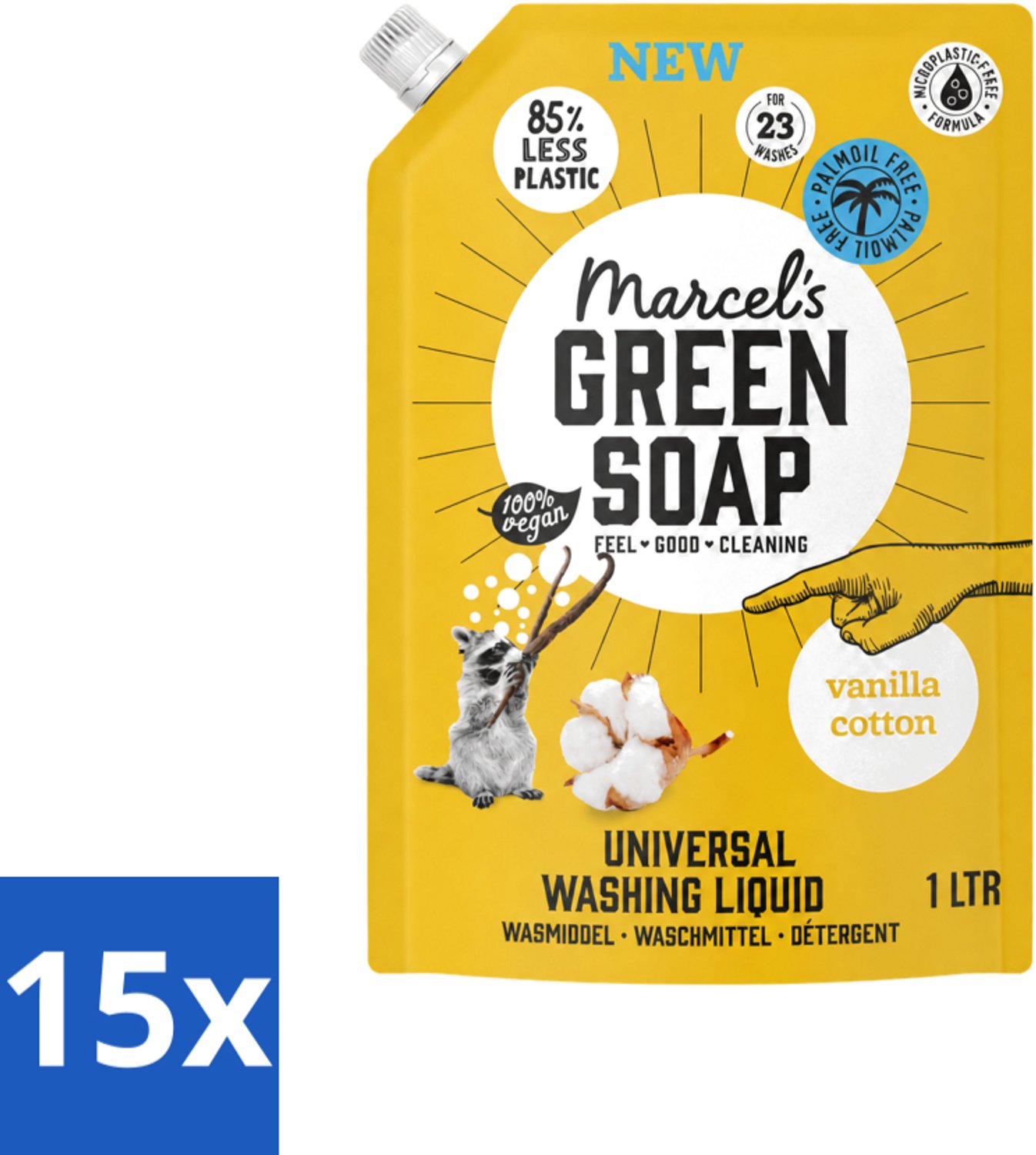 15 x Marcel's Green Soap - Vloeibaar Wasmiddel - Navulling - Vanille & Katoen - Effectief & natuurlijk - 23 Wasbeurten - 1 liter - Voordeelverpakking - 15 stuks