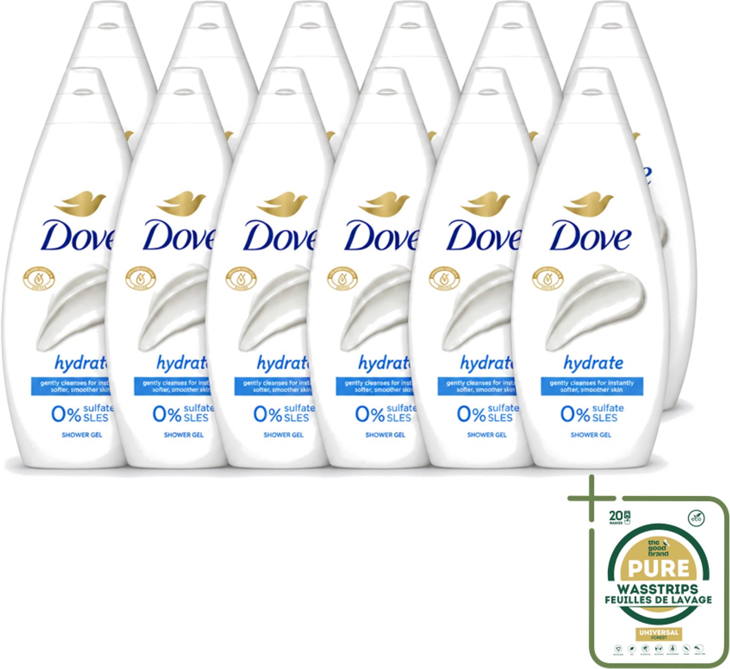 12 x Dove Douchecrème - Hydrate - 720 ml - Wasstrips - Douchegel - Hydraterende Douchegel - Droge Huid - Huidverzorging - Douchegel Voor Droge Huid