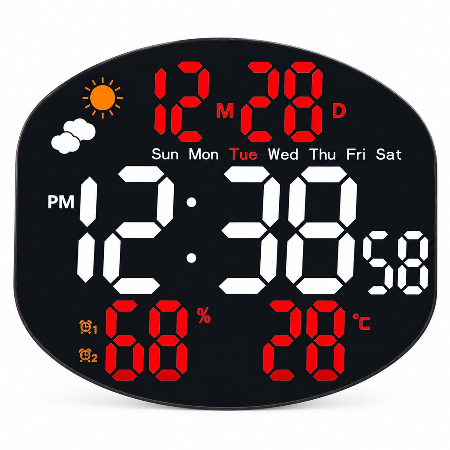 wekker - Digitale LED-klok met temperatuur, luchtvochtigheid en kalender - Voor wand of tafel - Rood - Externe voeding