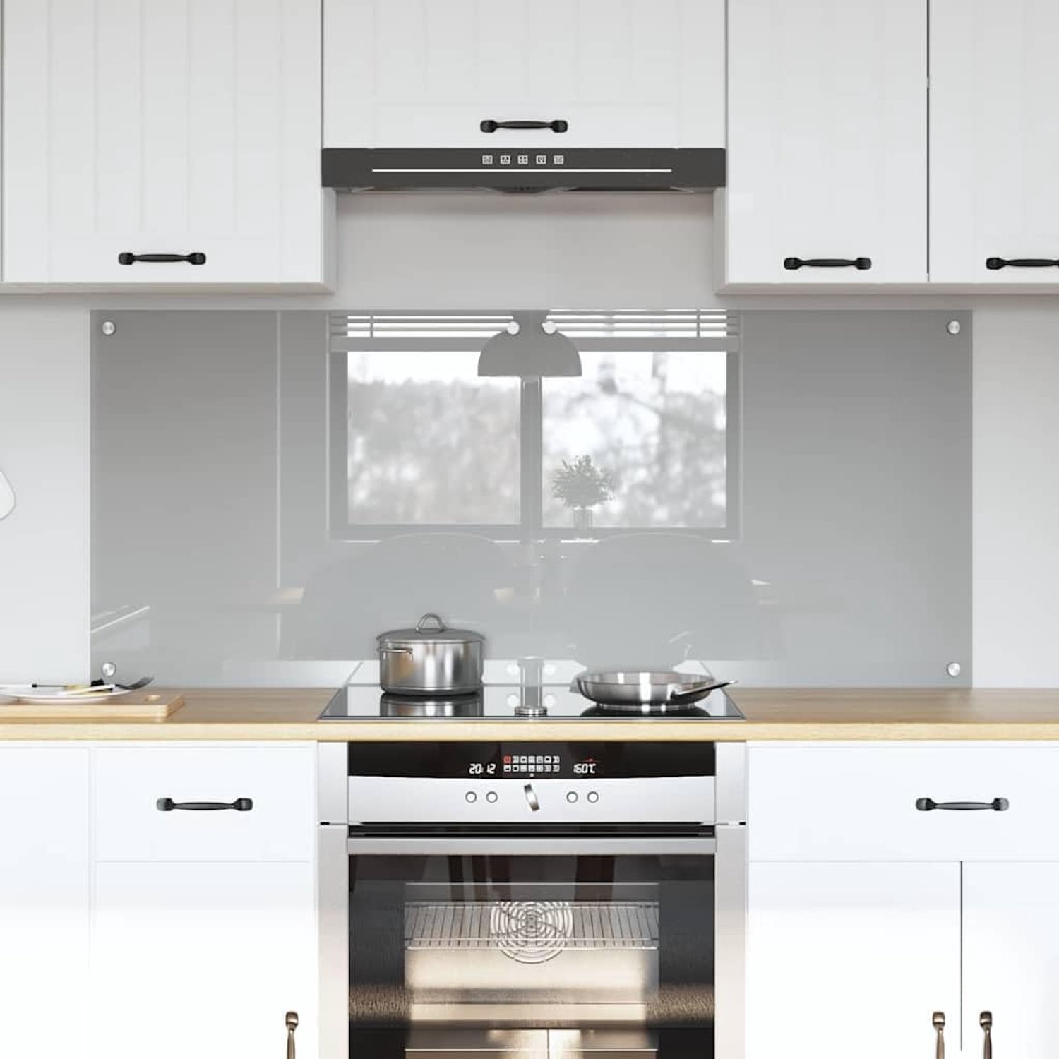 Keukenachterwand set van 2 - 70 x 60 cm - lichtgrijs gehard glas - spatbescherming voor keukenhoek - ShopVlot