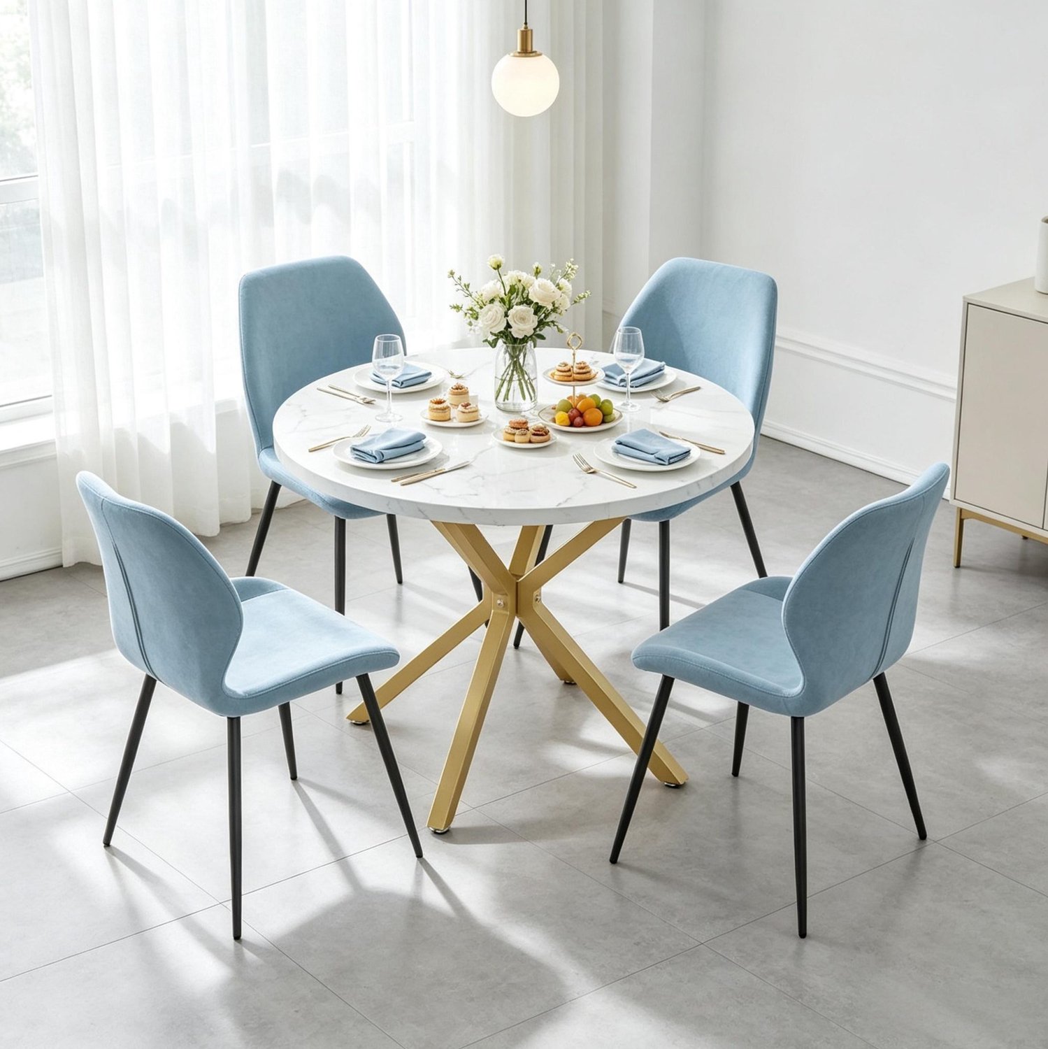 CHICFURN Eettafel 100 cm - 2 tot 4 personen - Marmerlook - X-onderstel - Wit en goud