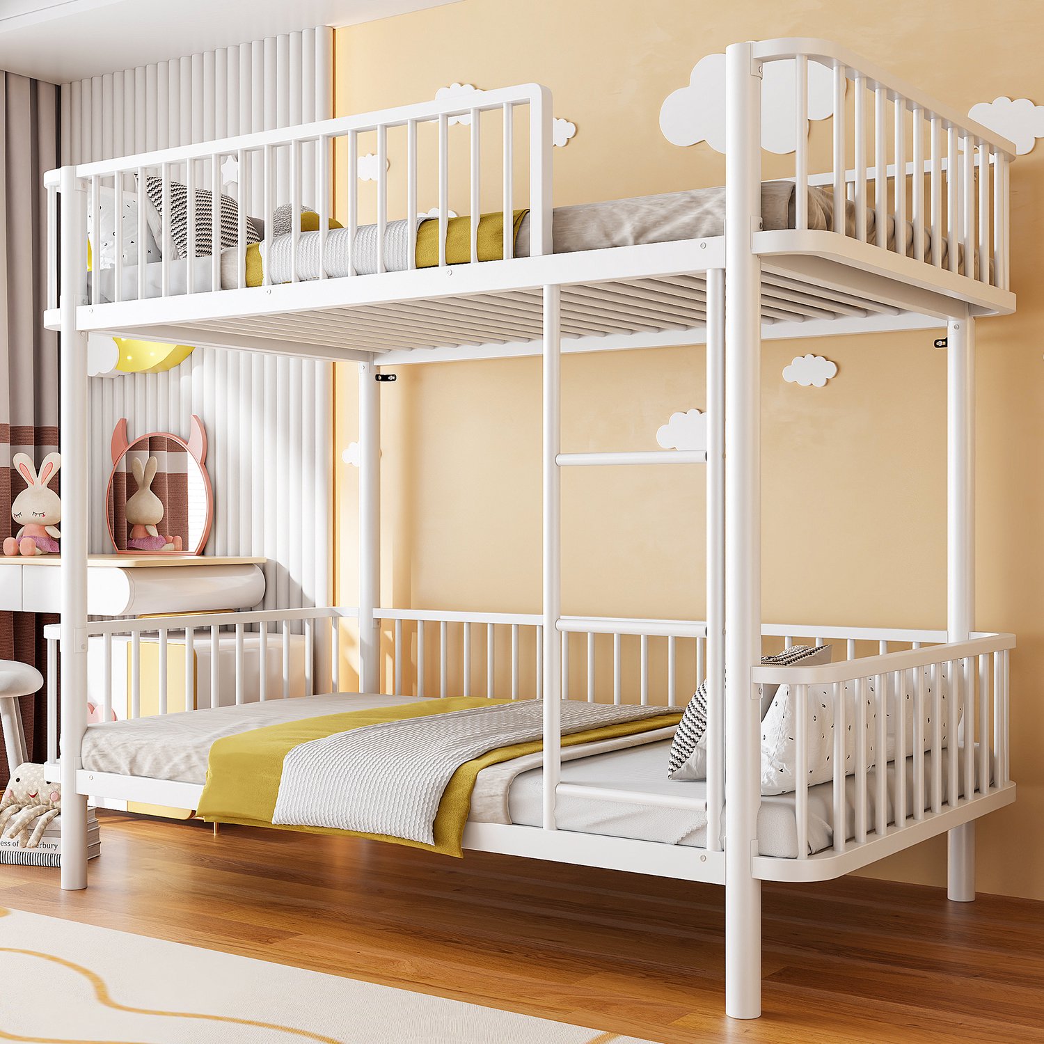 Wishdor Stapelbed 90x200 cm - Twee slaapplaatsen met veiligheidshekken boven en beneden - Afgeronde hoeken en verhoogde poten - Modern metalen bed voor kinder- en logeerkamer - Wit