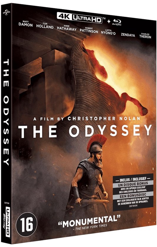 Productaanzicht van 4K Ultra HD Blu-ray The Odyssey met een krijger in wapenrusting voor een paardstandbeeld.
