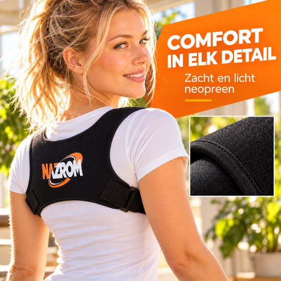 Vrouw toont Nazrom rugbrace met detail van de zachte neopreen stof en de zwarte textuur.