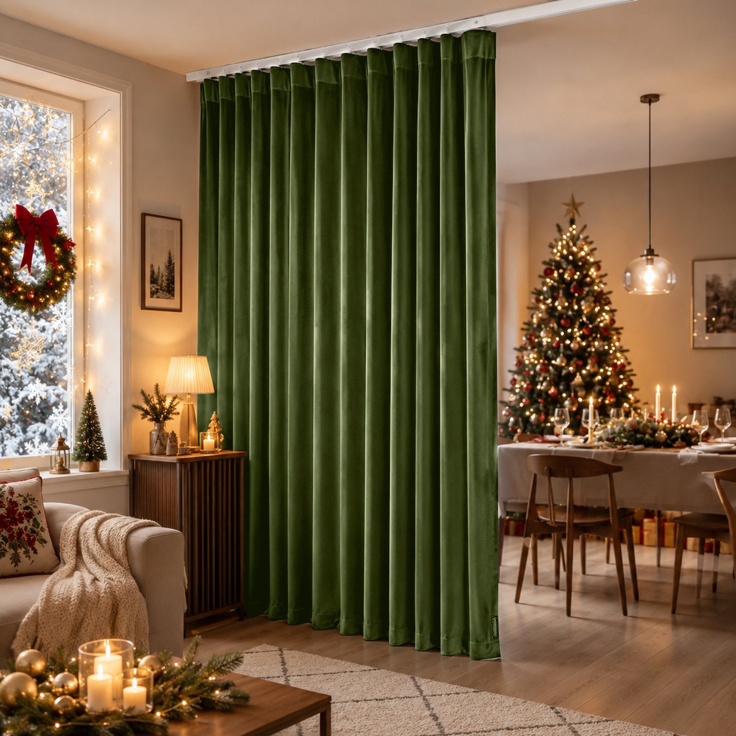 MUPOO Gordijn met Flexibele Plafondrail en 1 Paneel - Scheidingsgordijn van Polyesterfluweel met 60% Lichtdemping - Velours Gordijn voor Slaapkamer, Woonkamer en Kast - Donkergroen - 254 x 244 cm - 1 Stuk