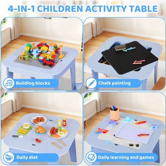 Kindertafel En Stoelenset - Grijs - Houten Activiteitentafel - Bouwsteentafelblad - Met Opbergruimte - Voor Peuters En Kleuters — afbeelding 3
