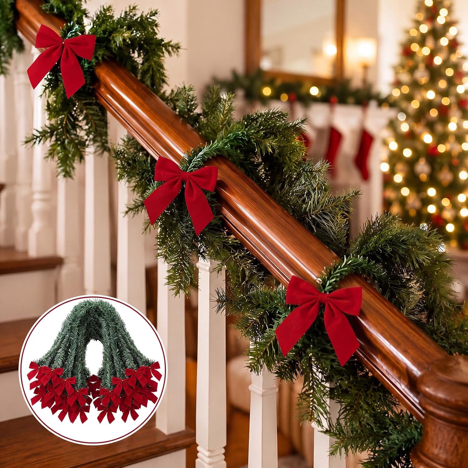 Kerstslinger - 30 Kerst-Bevestigingsbinders met Rode Strik - Kerstguirlande - Ca. 50 cm - Herbruikbaar - Feestelijk - Voor Trapleuningen, Kransen, Slingers & Cadeauverpakking - Kerstdecoratie voor binnen – foto 3