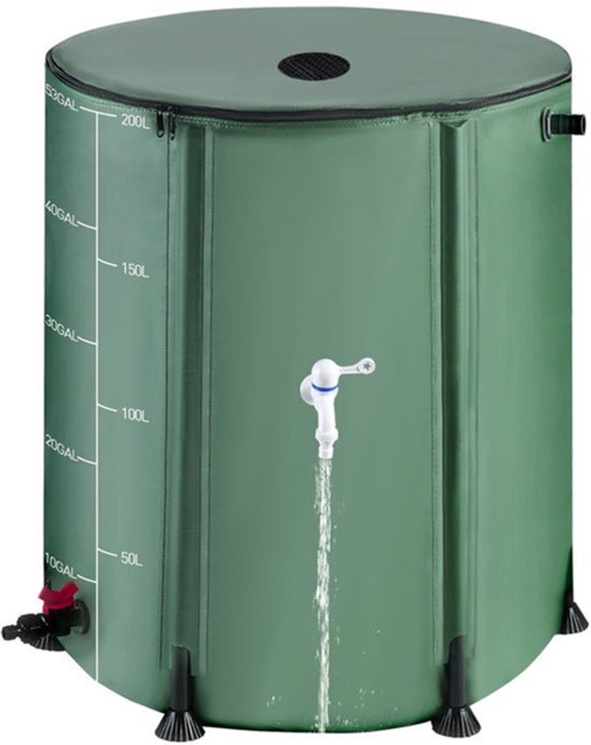 53 Gallon Opvouwbare Regenton met 12 Stokken, 200L Draagbare Tuinopslagtank voor het Opvangen van Regenwater met Ritssluiting, Regenwater Opvangsysteem met Filterkranen en Overloopset