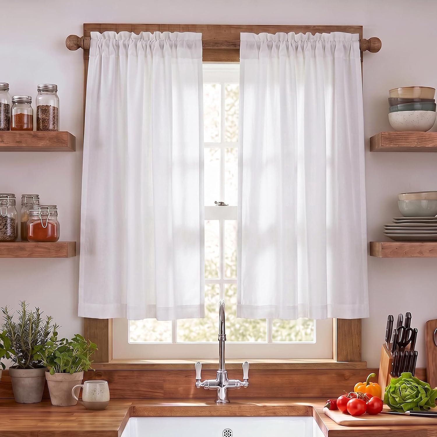 Korte keukengordijnen H 60 x B 65 cm - lineneffect - effen wit - stijlvol en elegant, 2 stuks - m-winkel