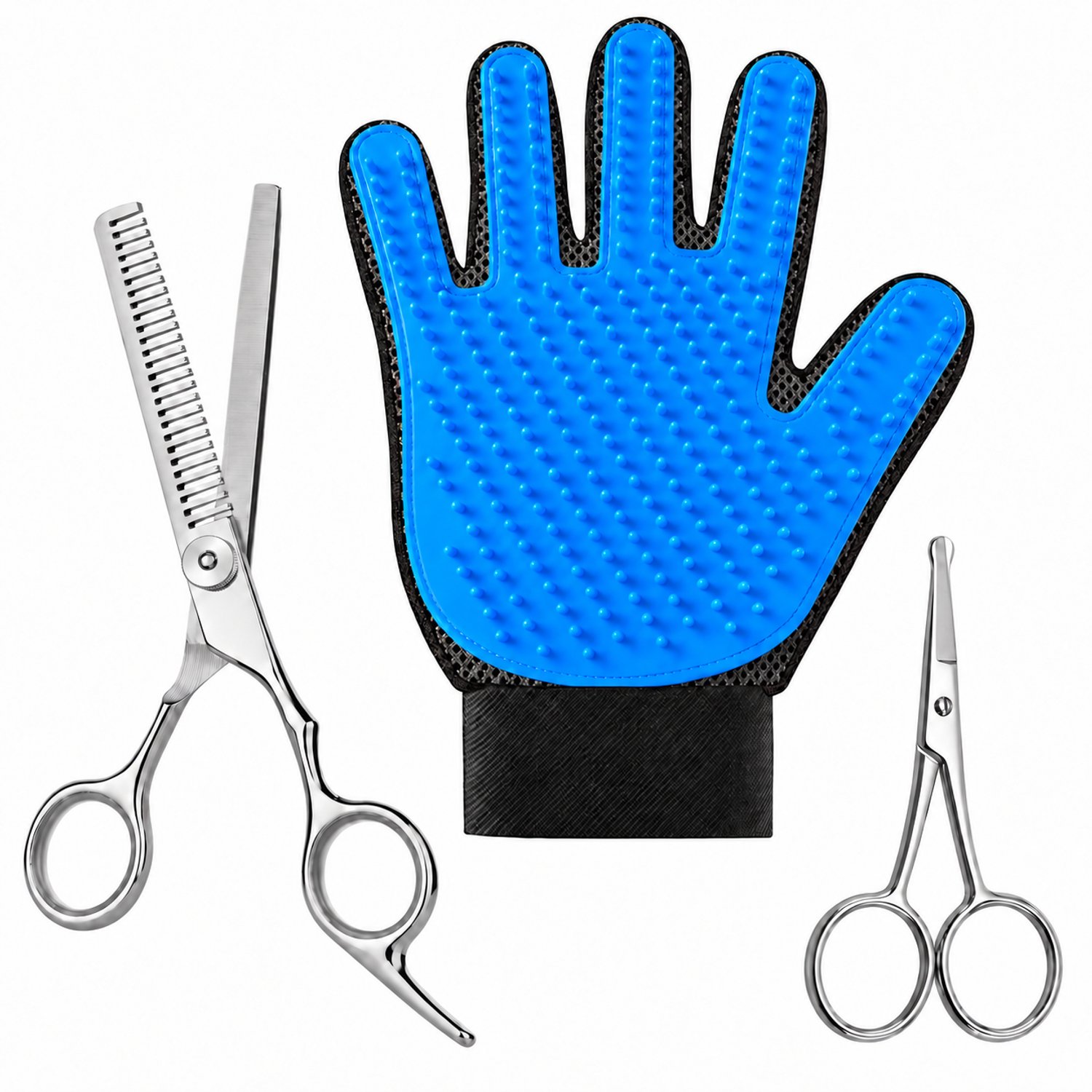 Professor Q Hondentrimset - Effileerschaar Zilver - Potenschaar Zilver en Vachthandschoen Blauw - 3-delig