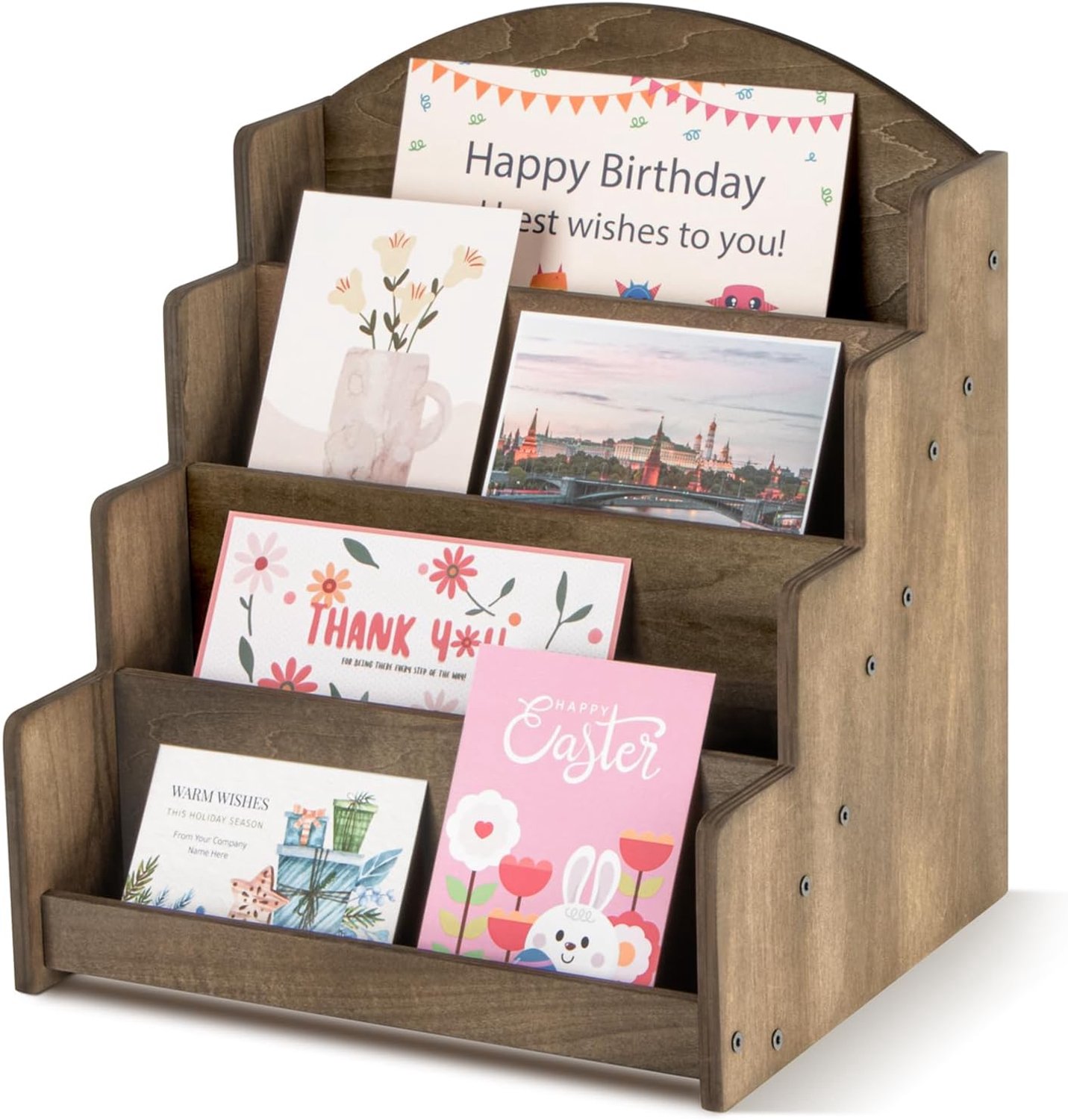 SnelShoppen - Kaartenstandaard Ansichtkaartenhouder, Houten Bruin Bewaarstandaard voor Wenskaarten, Rustieke Cadeaustandaard voor Feesten en Decoratie