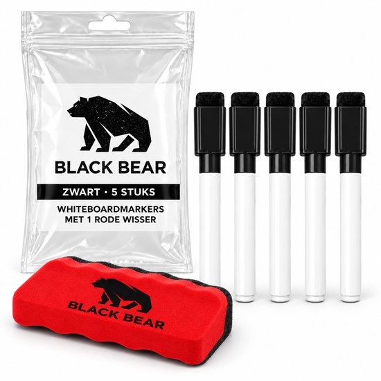 Vijf zwarte whiteboardmarkers en een rode Black Bear wisser in verpakking.